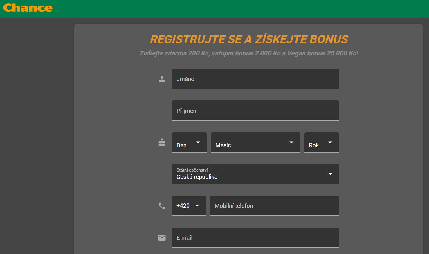 Chance registrační formulář