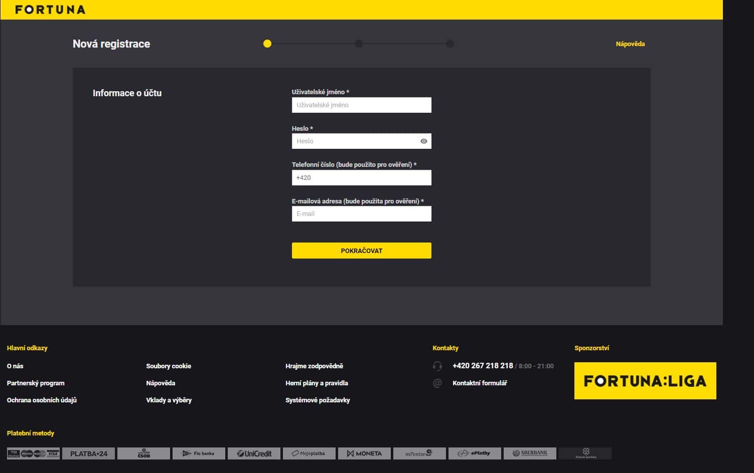 Registrační formulář Fortuna