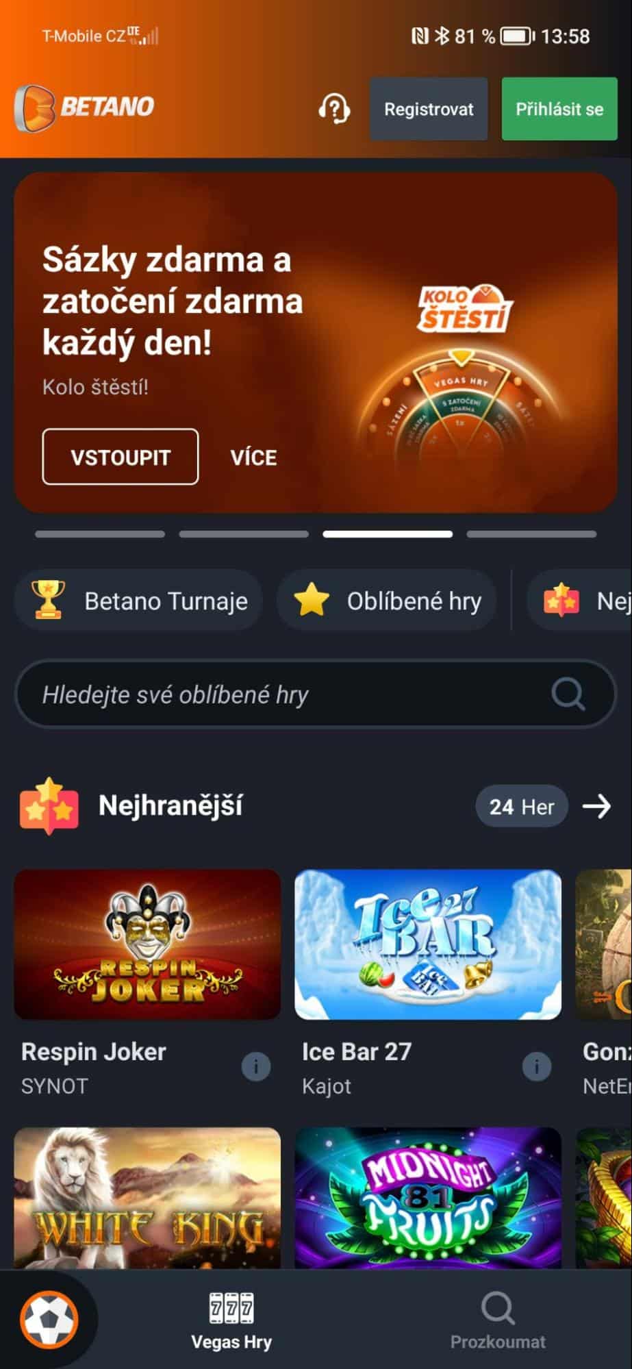 Výběr hry v casino aplikaci Betano