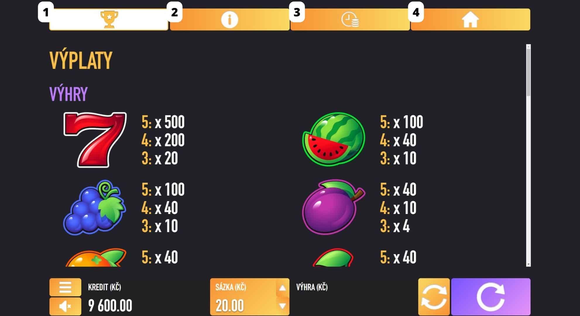 Kings Fruit online automat Menu