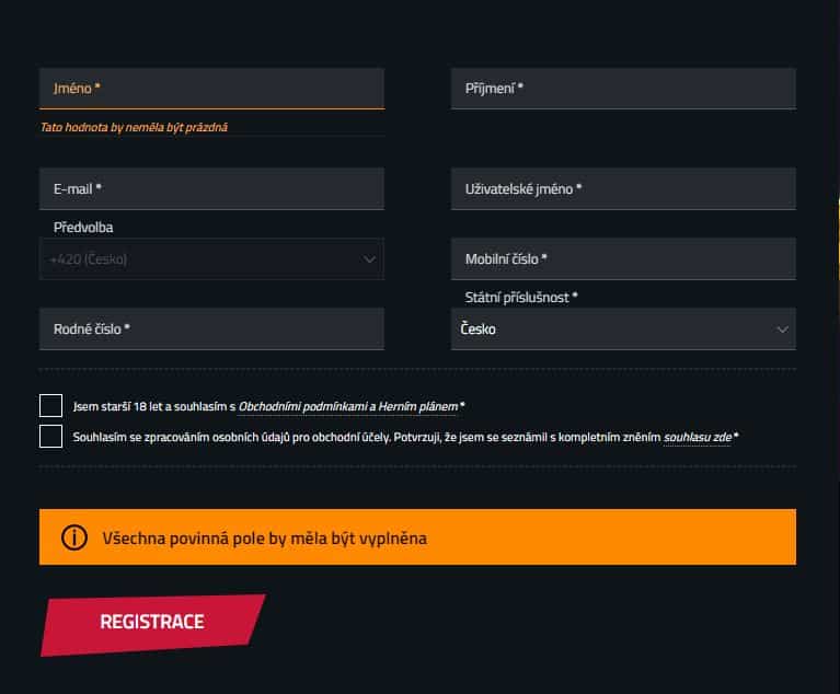 Registrační formulář Betor
