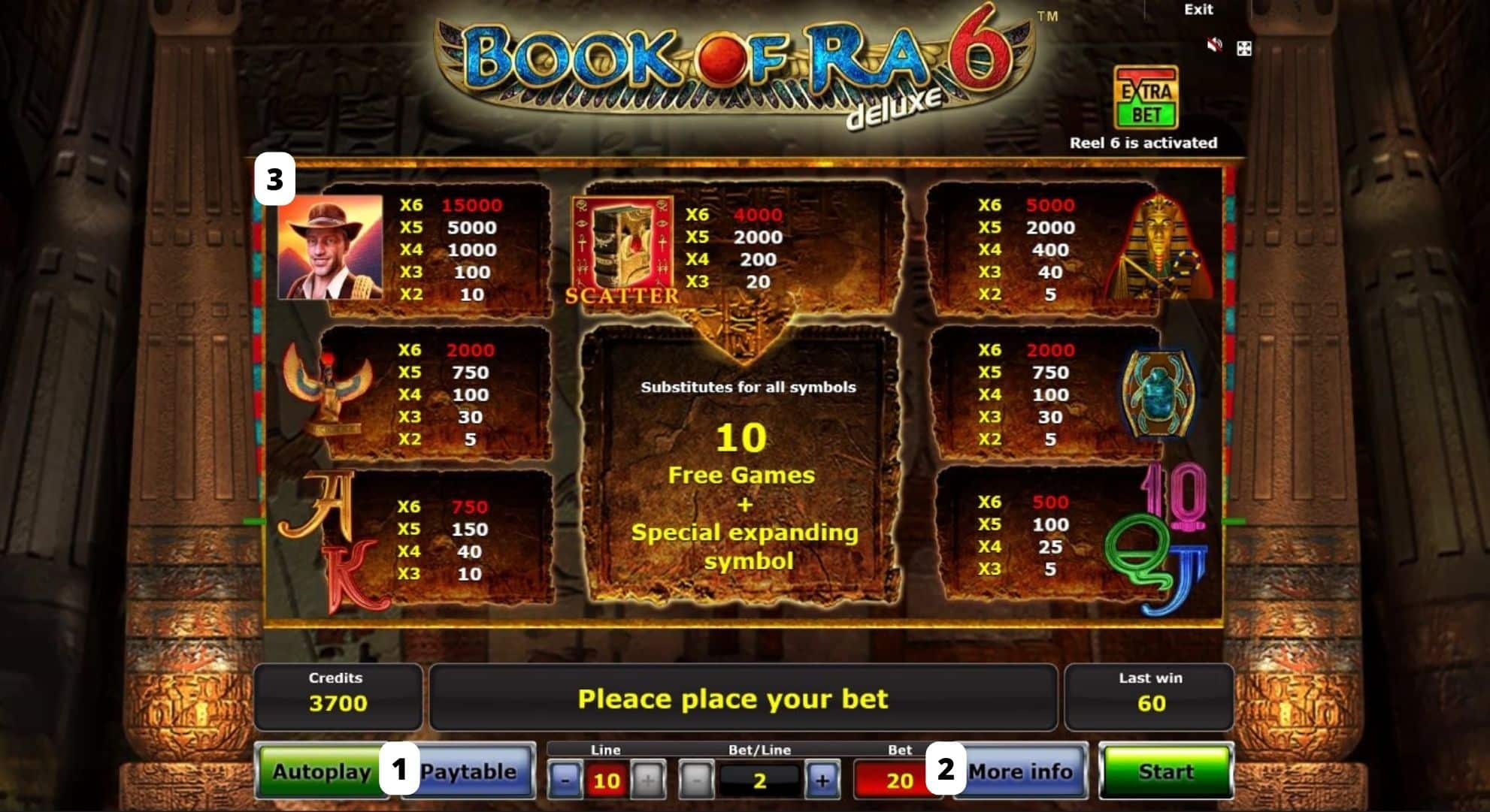 Book of Ra 6 Deluxe online automat Menu