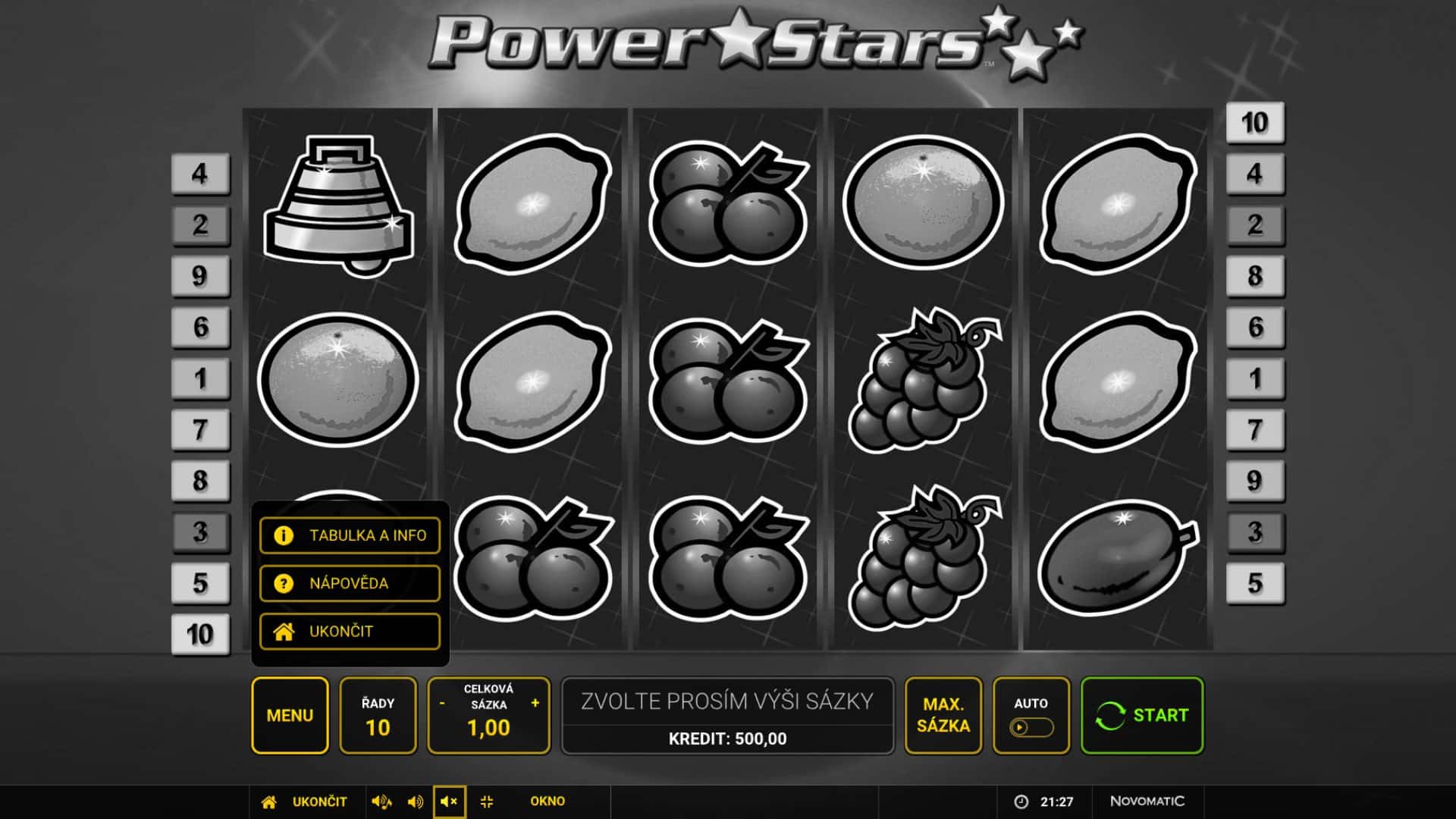 Power Stars online automat Menu