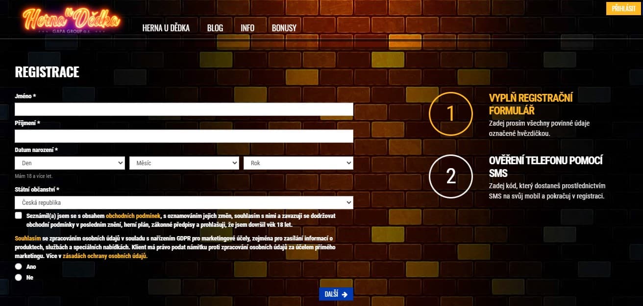 Registrace v Herně U Dědka