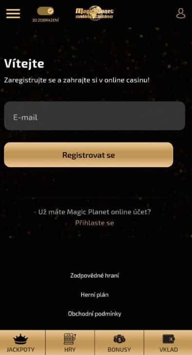 Registrační formulář Magic Planet na mobilu