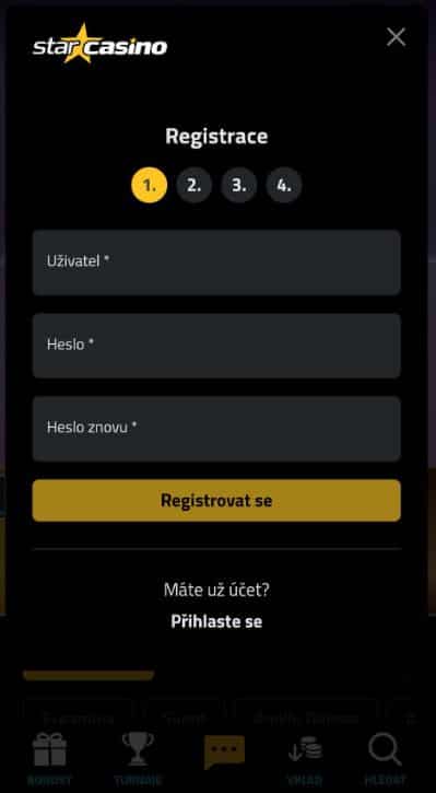 Registrační formulář Star casino na mobilu