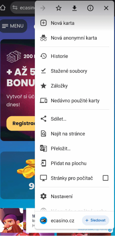 Nabídka prohlížeče eCasino.cz