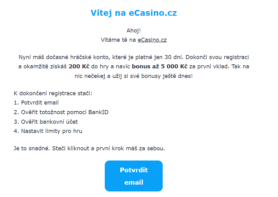 Potvrzení e-mailu v eCasino.cz