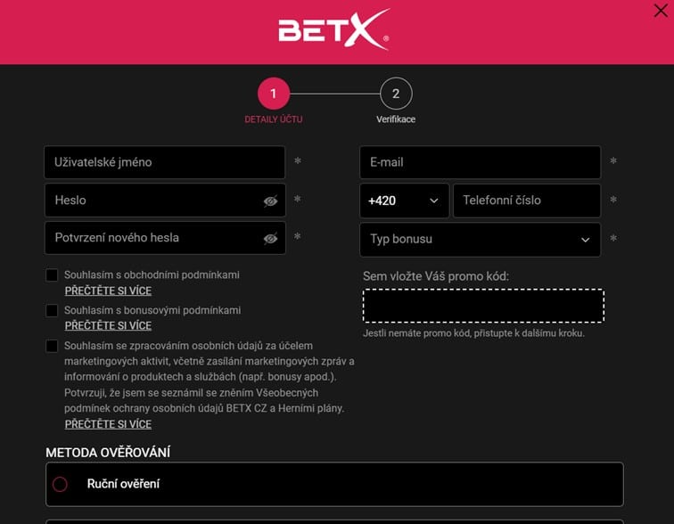 Registrační formulář BetX