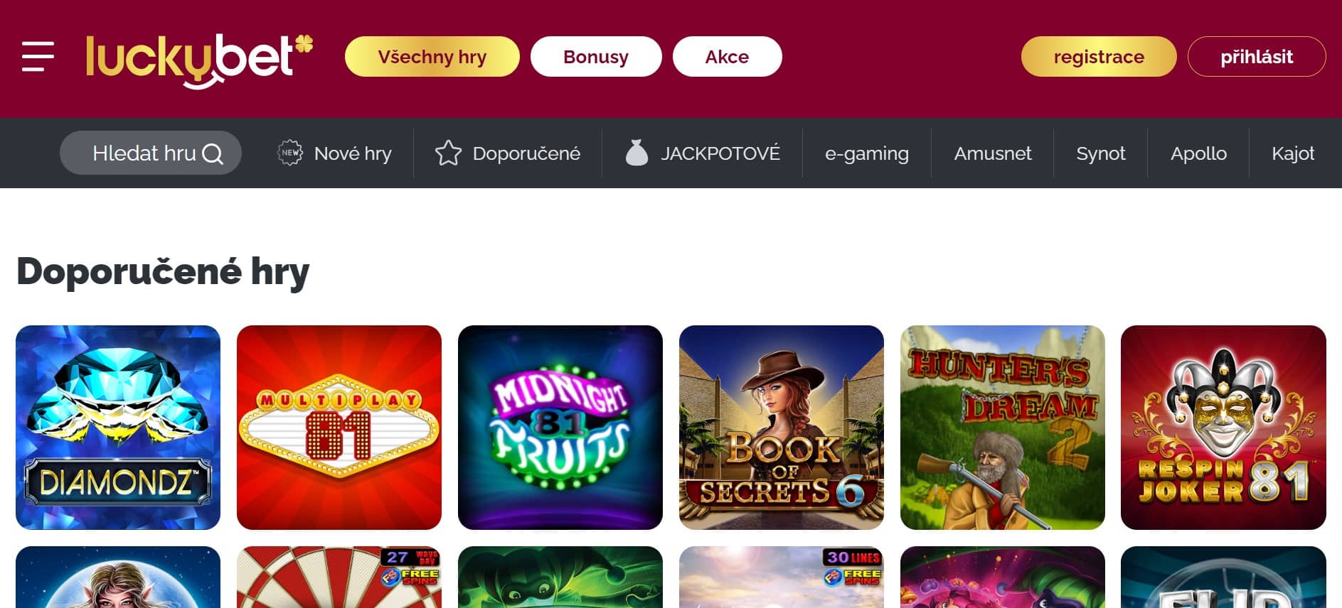 LuckyBet casino rozhraní