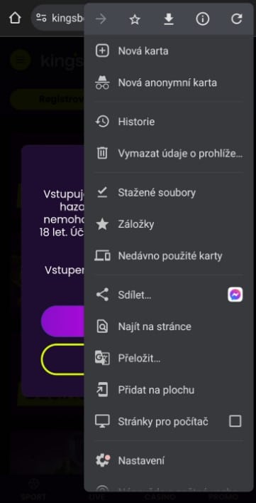 Menu prohlížeče v Kingsbet