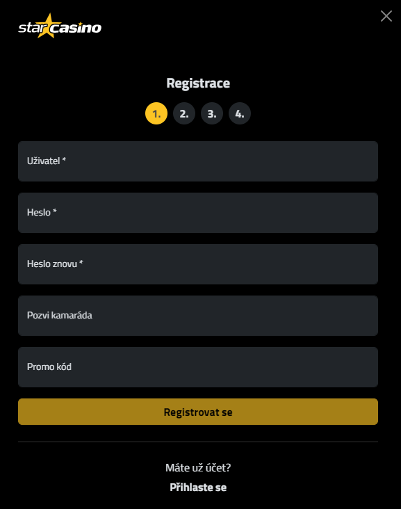 Registrační formulář Star Casino