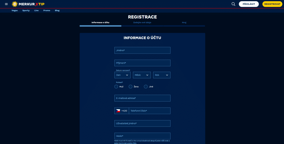 Registrační formulář Merkur