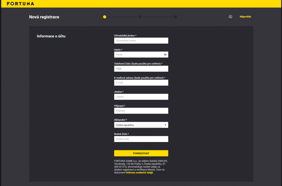 Registrační formulář Fortuna