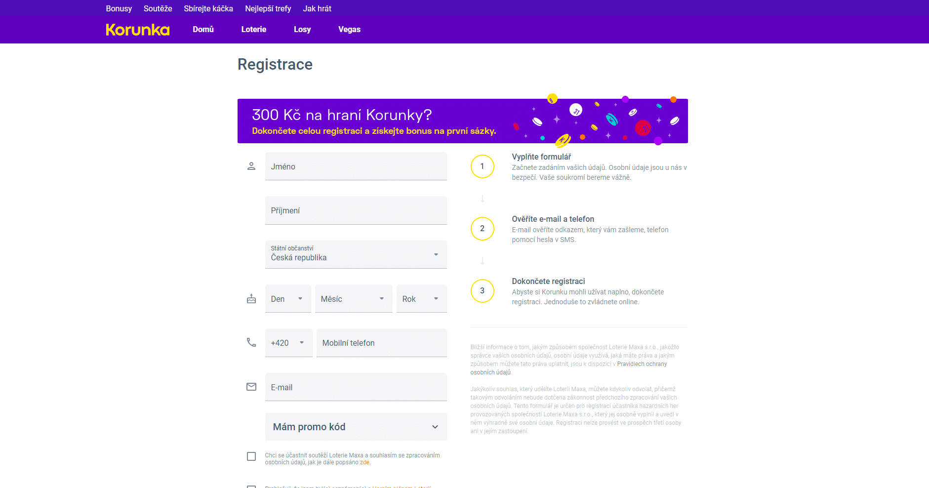 Registrační formulář od Korunky