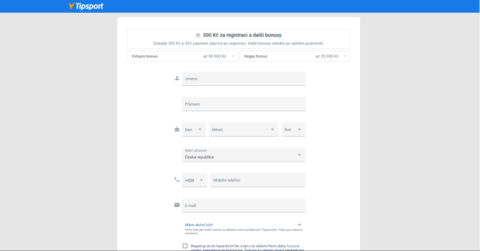 Registrační formulář od Tipsportu