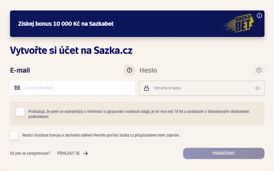 Registrační formulář u Sazky