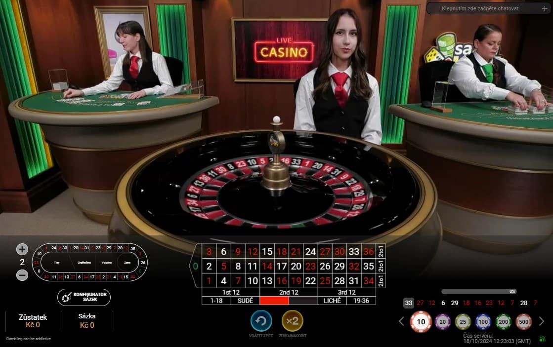 Roulette stůl v Sazka live casinu