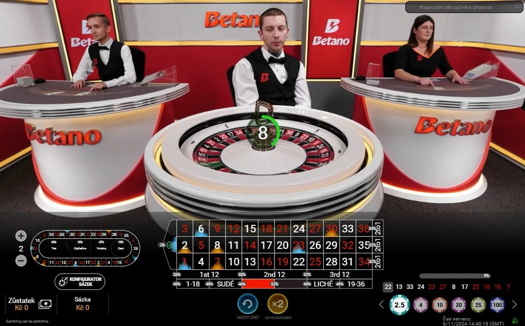 Nastavení sázek u Rulety v Betano live casině