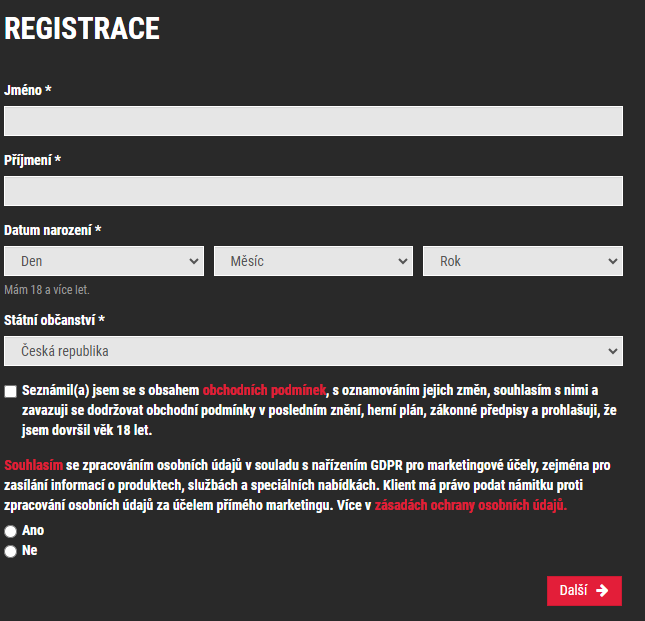 Registrační formulář Synottip