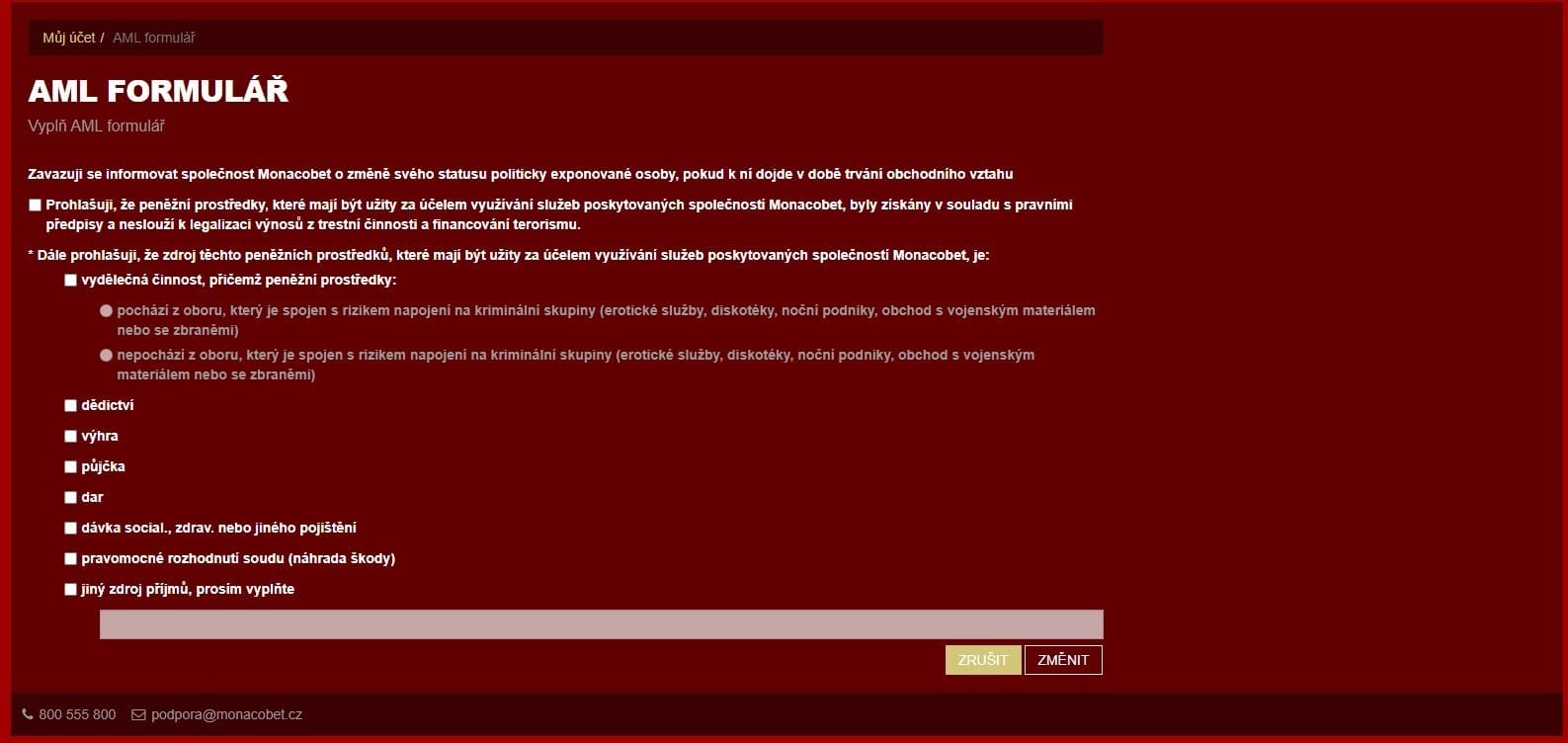 AML formulář Monacobet