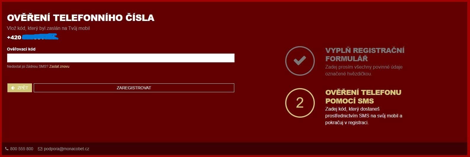 ověrení telefonního čísla monacobet