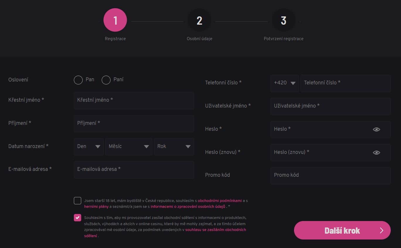 Registrační formulář Apollo Games casino