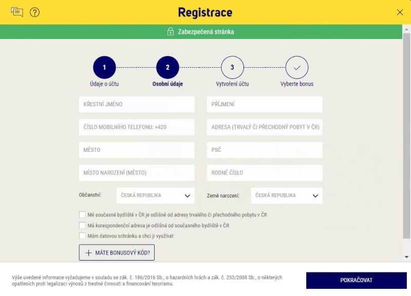 Registrace u Sazky