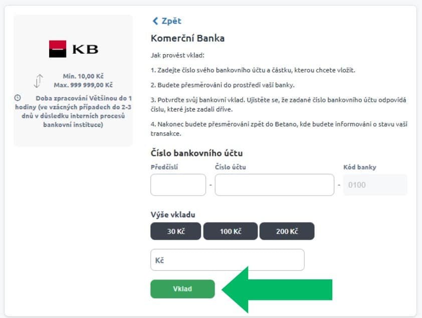 Betano vklad KB okno
