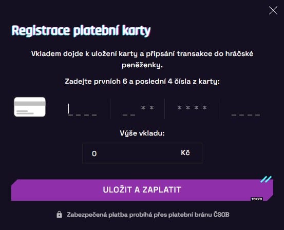 Tokyo registrace platební karty