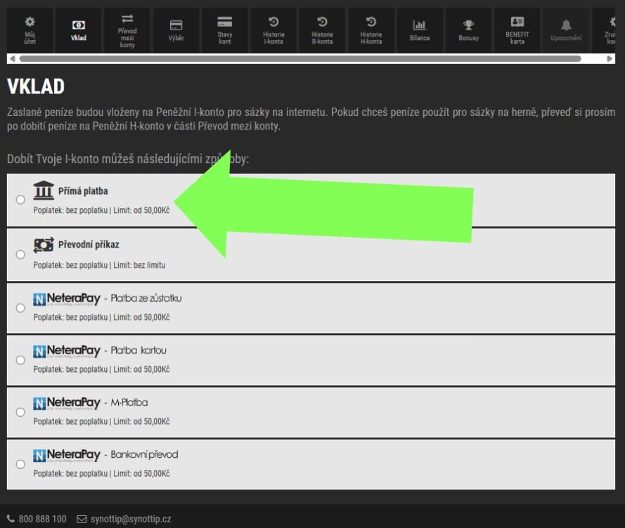 Vklad menu