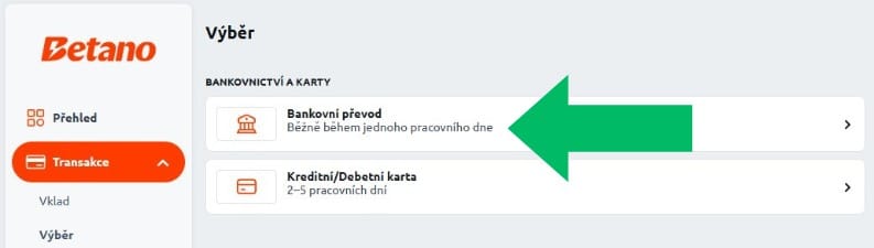 Betano bankovní převod volba
