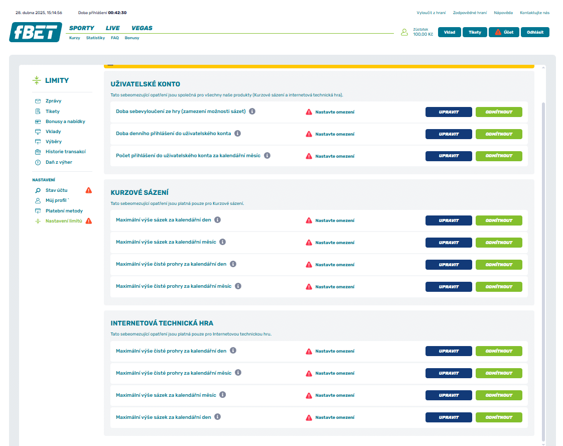 Nastav limity fBET registrace