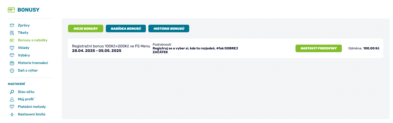 Nastavení free spinů-registrační bonus-fBET