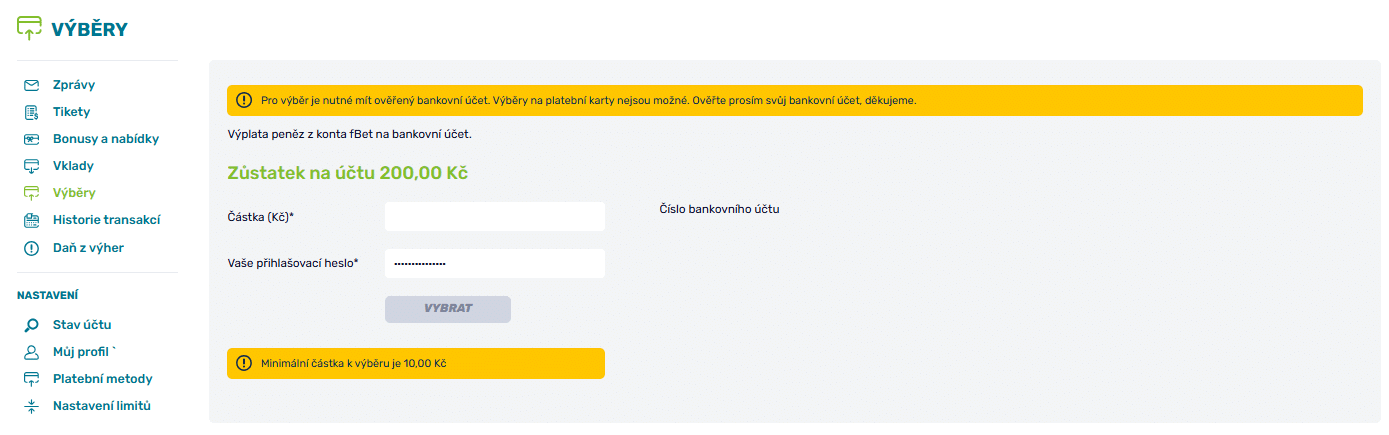 Nedokončené ověření bank. účtu fBET