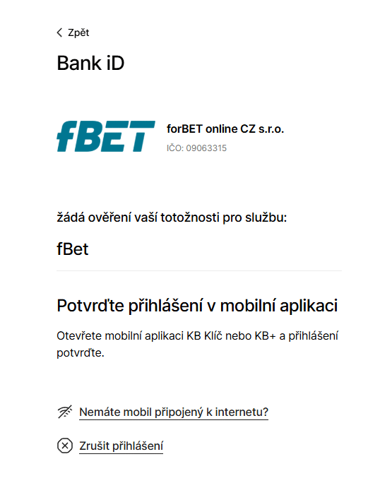 Potvrzení bank ID fBET registrace