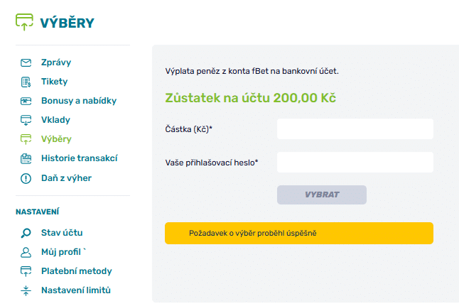 Výběr peněz fBET