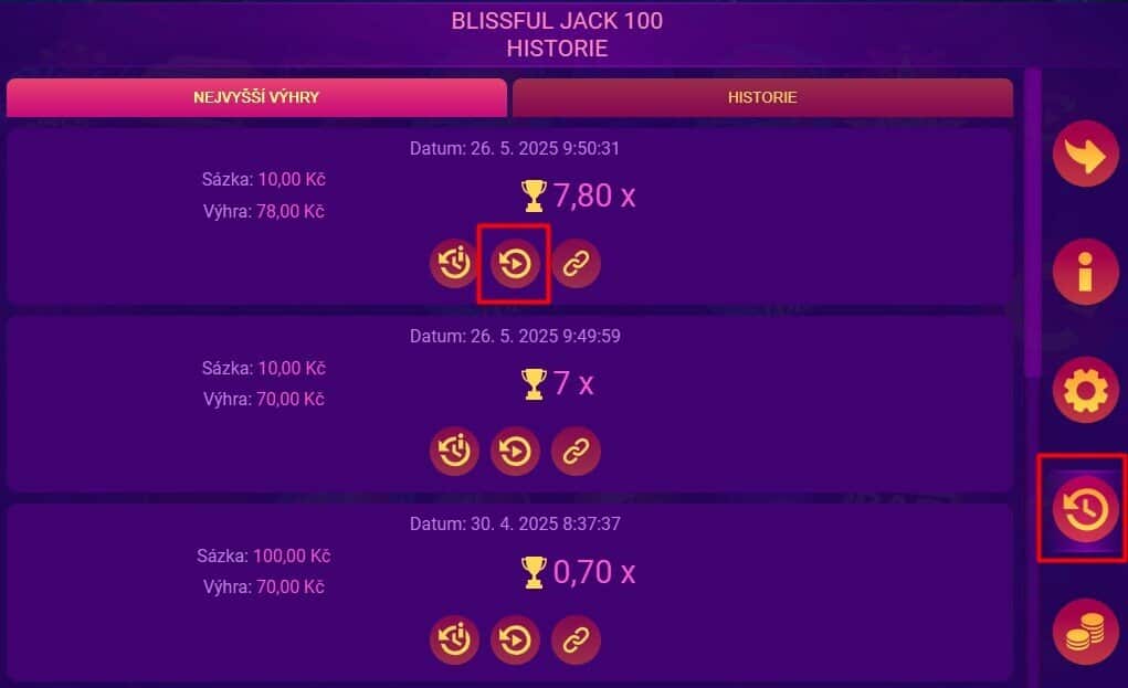 Blissful Jack 100 Replay menu