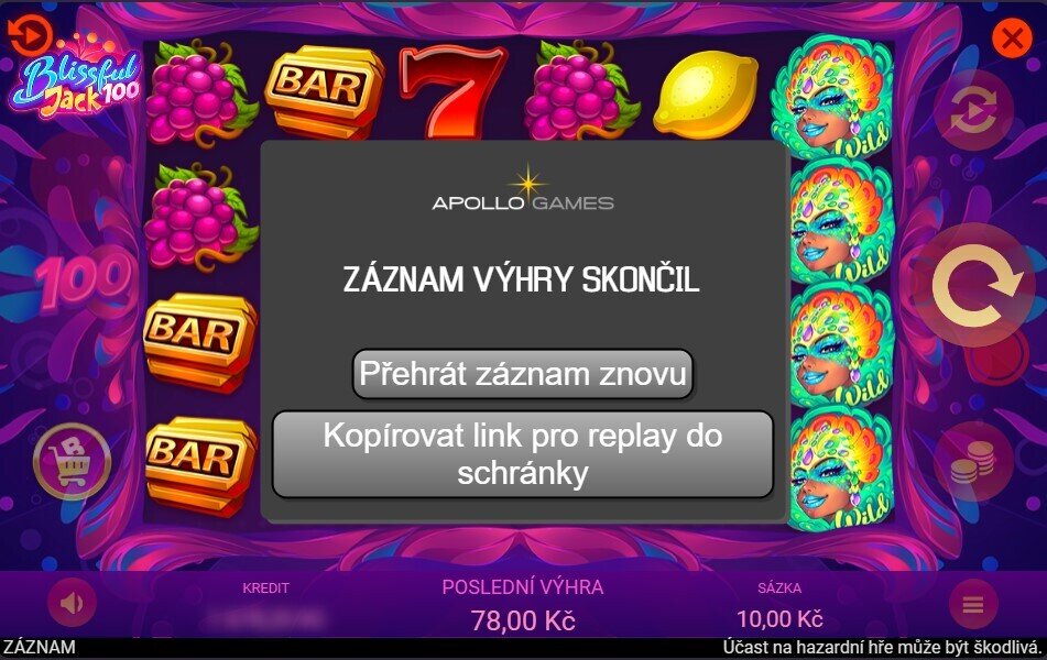 Blissful Jack 100 Replay záznam