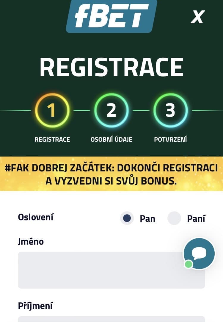 Registrace fBET na mobilu