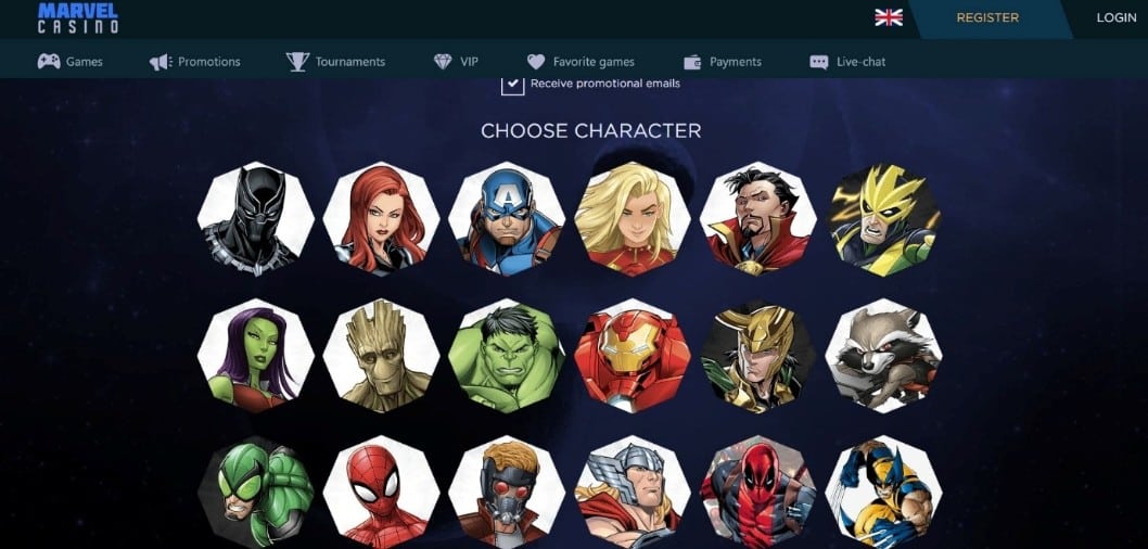 Vybrání postavičky Marvel casino