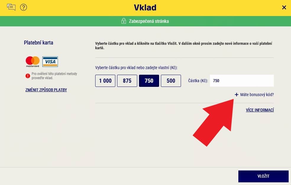 otevření pole pro vložení promo kódu, krok 4