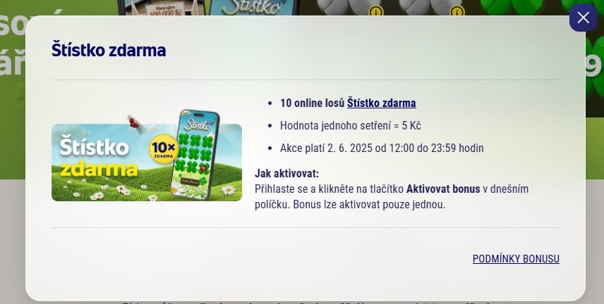 nabídka bonusu z kalendáře u sazky