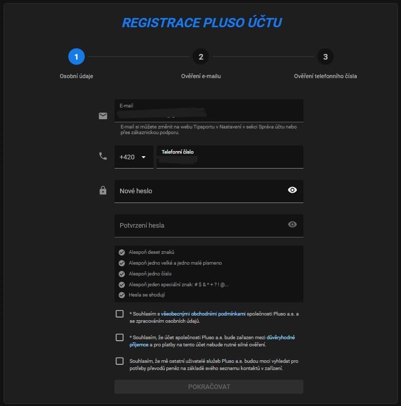 Registrační formulář Pluso