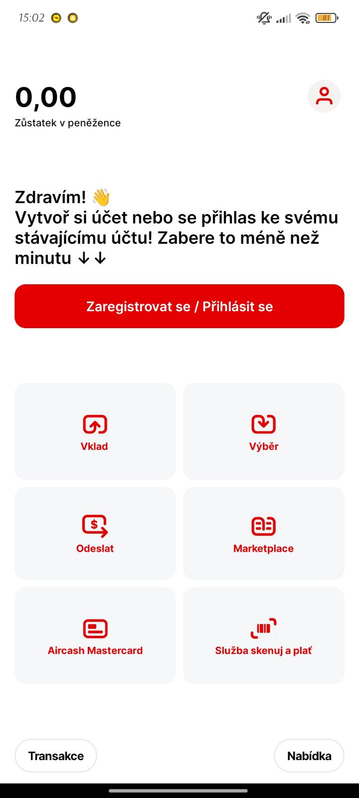 Aplikace Aircash registrace