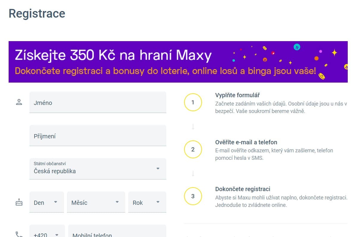 Registrační formulář na Maxe