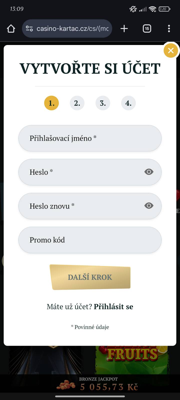 Registrační formulář Kartáč aplikace
