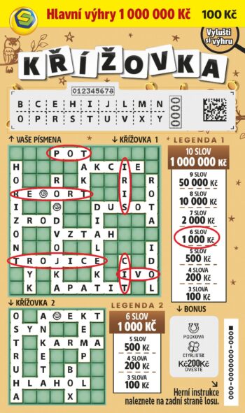 Ukázka setřeného losu Křížovka 100 Kč