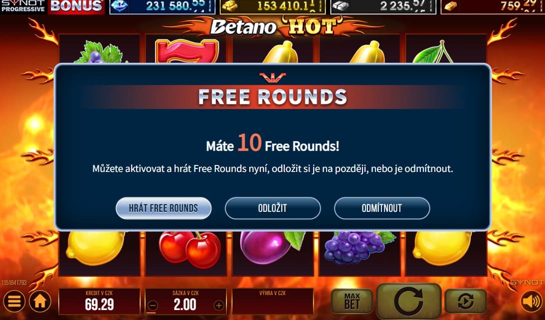 10 free spinů bez podmínek Betano Hot