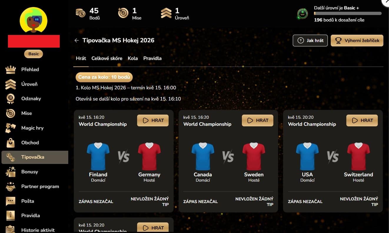 Menu tipovačka hokej Magic Planet